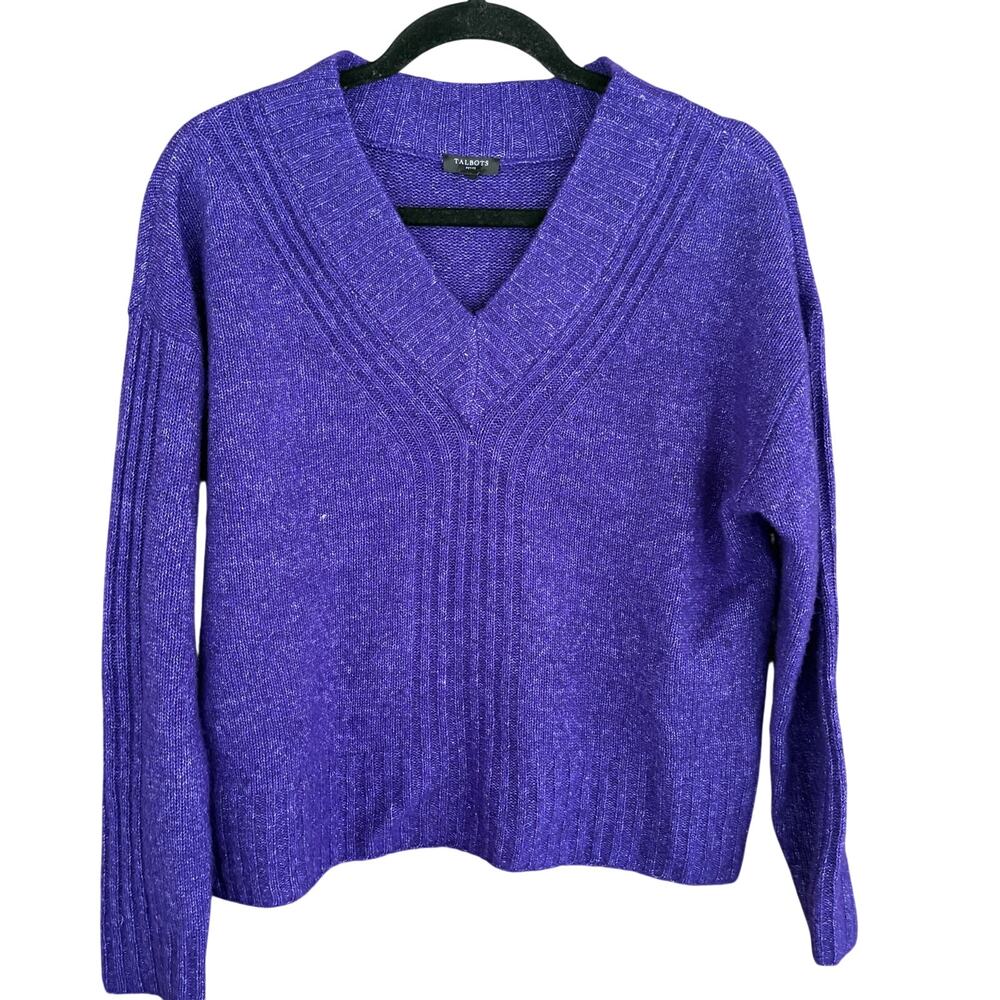 Talbots V Neck Cropped Sweater L LP PL Royal Purple Rib Quiet Luxury Old Money